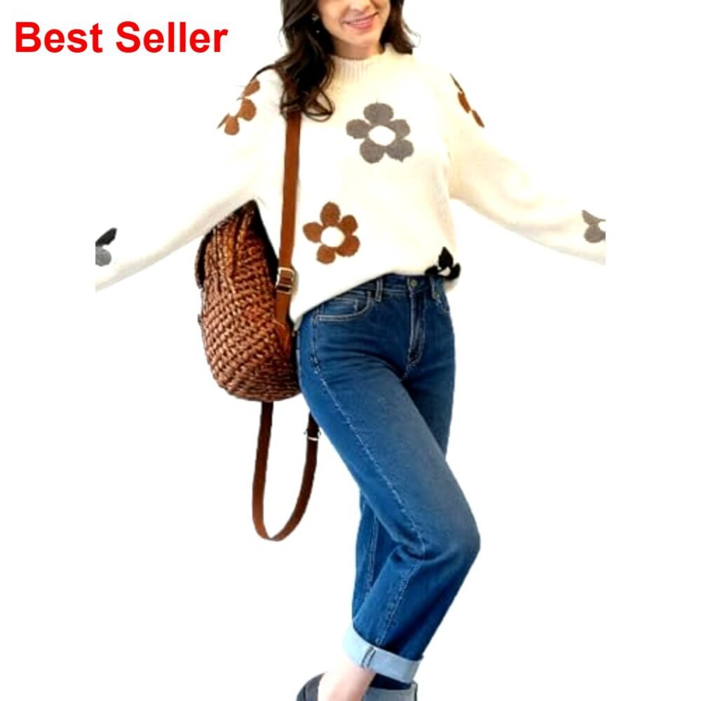 Oversized Chunky Knit Pullover Sweater Mock Neck Floral Print Fall - Picture 5 of 7